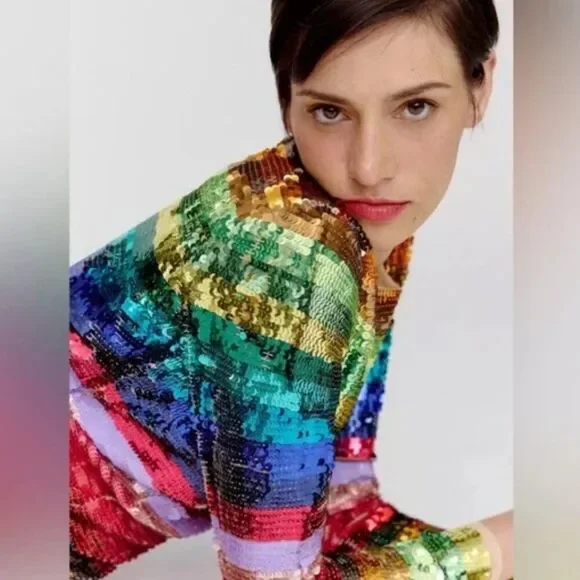 Mac Duggal 93724 Size 12 Rainbow Sequin Multicolor Striped Long Sleeve Dress NWT